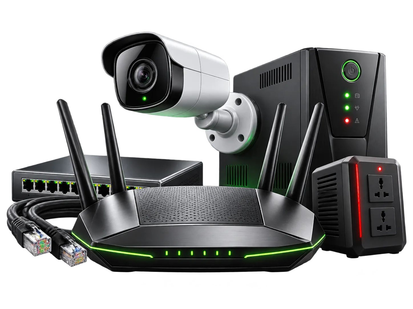 Router, cámara de seguridad y sistema de respaldo eléctrico